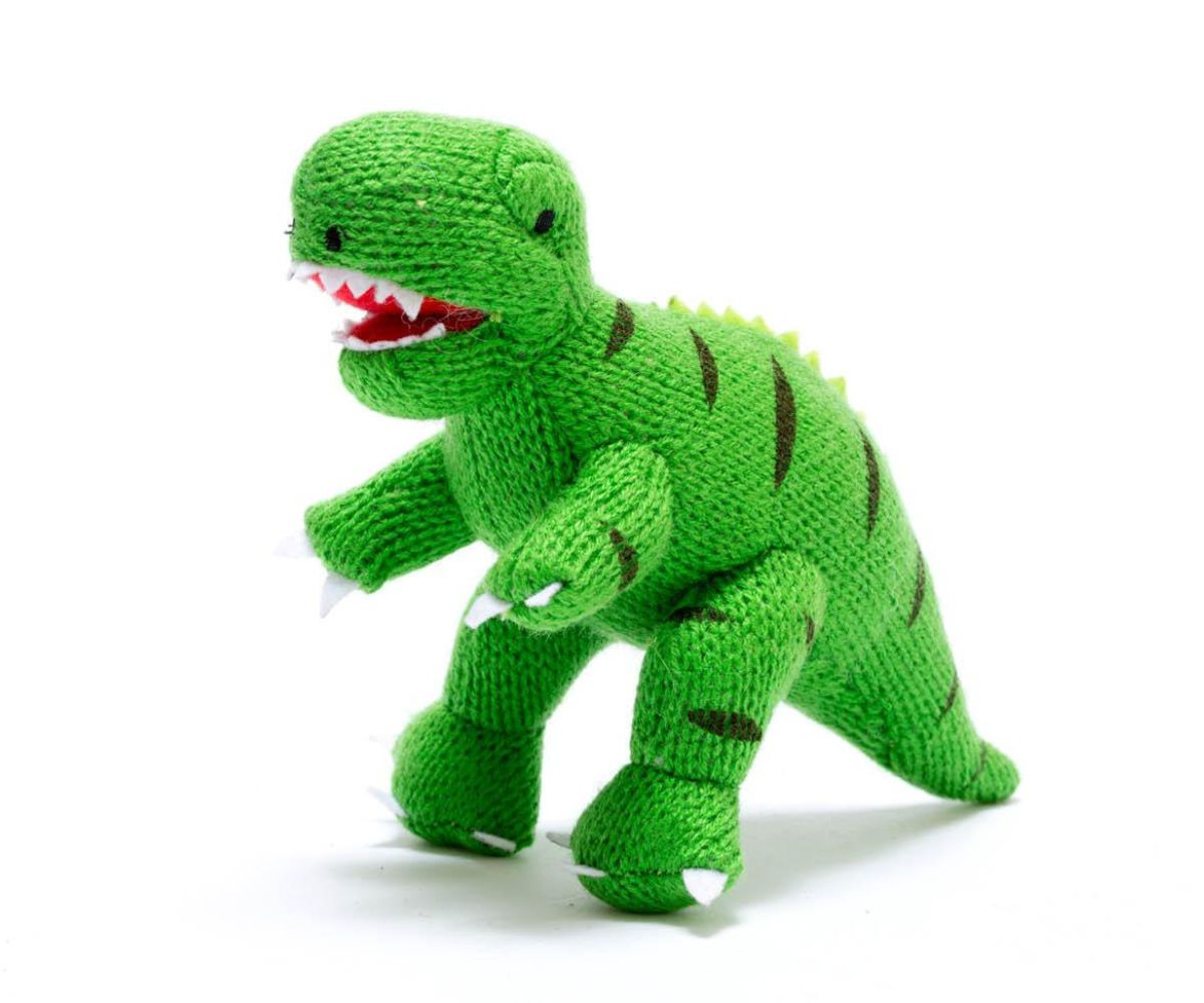 knitted green t Rex rattle baby dinosaur toy